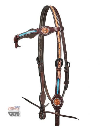 Westernová uzdečka Flower s tyrkysovým opletem ručně malovaná
