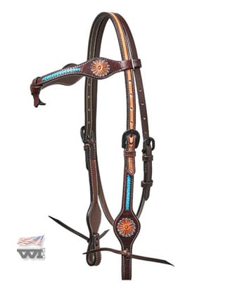 Westernová uzdečka Flower s tyrkysovým opletem ručně malovaná