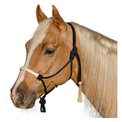 Provazová ohlávka se střapcem a surovou kůží black